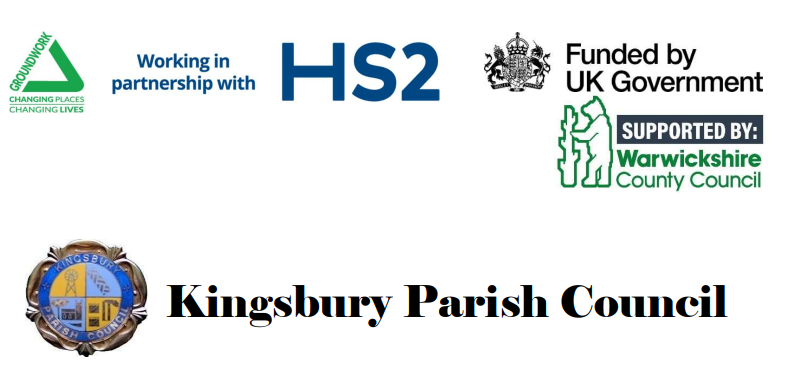 Kingsbury PC header, including various partners HS2, Funded by UK Government and supported by Warwickshire County Council